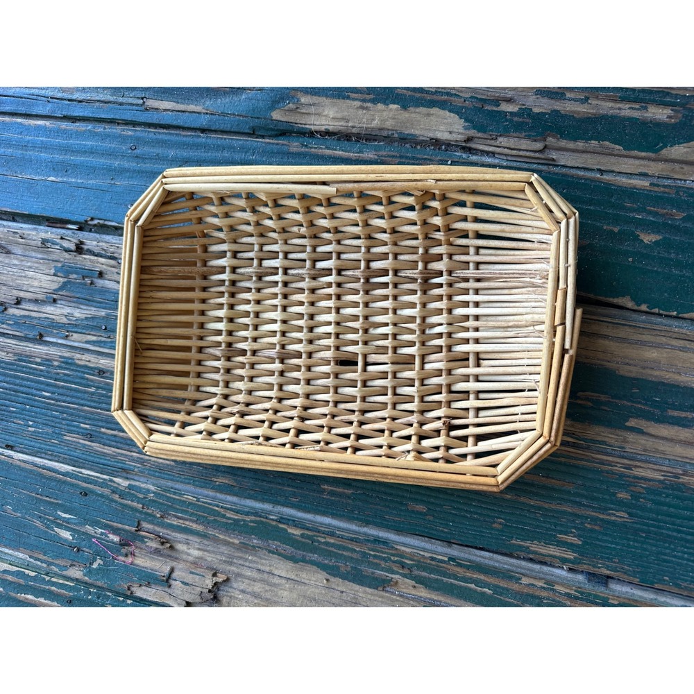 Vintage Rectangular Woven Wicker Basket Tray Natural Wood Boho Decor 11.5x7.5in